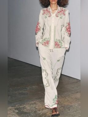Zara ZW Collection Embroidered Floral Patchwork Cotton Pant